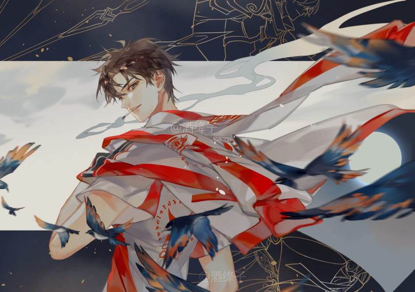 1boy artist_name bird bishounen black_hair brown_eyes brown_hair cigarette highres jacket jacket_on_shoulders jiujiangzi_benren looking_at_viewer looking_back male_focus moon night quan_zhi_gao_shou short_hair short_sleeves sky smile smoking solo upper_body watermark ye_xiu