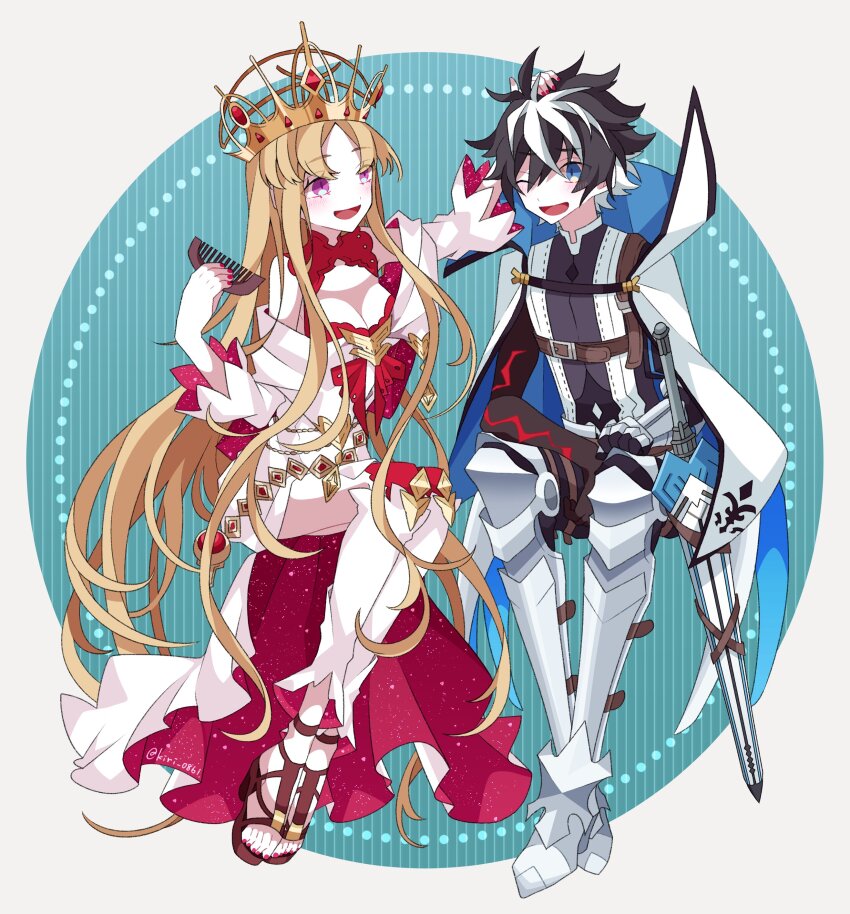 1boy 1girl :d ;d absurdres armor bare_shoulders black_hair blonde_hair blue_cloak blue_eyes blush breasts charlemagne_(fate) charlemagne_(first_ascension)_(fate) cleavage cloak collar comb crown dress europa_(fate) fate/grand_order fate_(series) full_body gloves hair_between_eyes headpat high_heel_sandals high_heels highres holding holding_comb joyeuse_ordre_(fate) kujiramaru large_breasts long_hair long_sleeves multicolored_hair off-shoulder_dress off_shoulder one_eye_closed open_mouth purple_eyes red_collar red_nails rerebrace sandals shirt short_hair sitting smile streaked_hair thighs two-sided_cloak two-sided_fabric two-tone_hair very_long_hair white_cloak white_dress white_hair