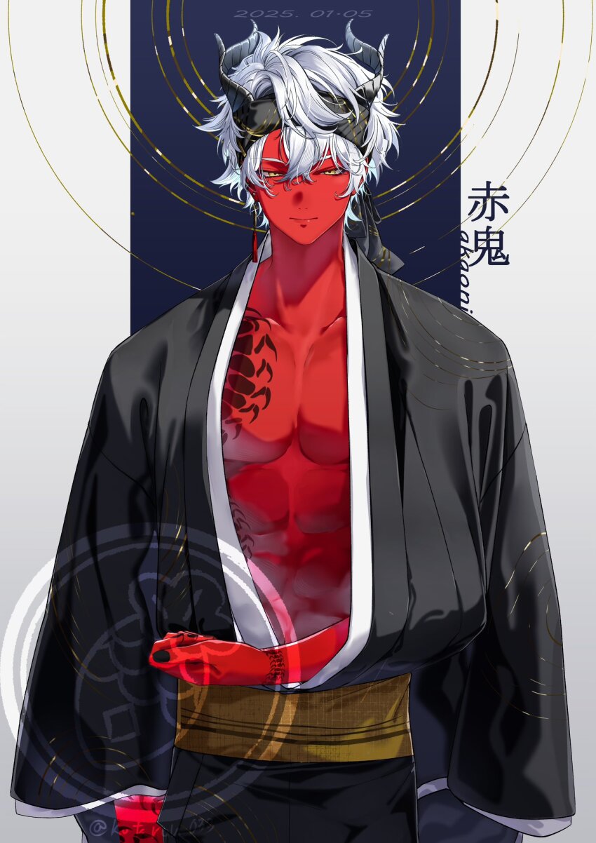 1boy abs armrest black_headband black_kimono black_nails character_name chest_tattoo circle closed_mouth collarbone colored_skin cowboy_shot dated earrings hair_between_eyes headband highres horns japanese_clothes jewelry kimono kotarou_033 light_smile looking_at_viewer male_focus nail_polish narrowed_eyes oni open_clothes open_kimono original pectoral_cleavage pectorals red_skin short_hair single_earring solo straight-on tassel tassel_earrings tattoo toned toned_male tsurime wavy_hair white_hair yellow_eyes