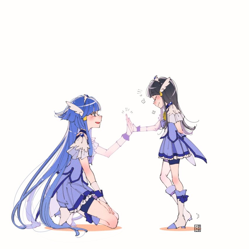 2girls aoi_tete aoki_reika arm_behind_head artist_logo bike_shorts bike_shorts_under_skirt black_hair black_shorts blouse blue_eyes blue_hair blue_shirt blue_skirt blunt_bangs boots closed_eyes commentary cosplay cure_beauty cure_beauty_(cosplay) facing_another feather_hair_ornament feathers from_side hair_ornament hair_tubes hand_on_own_thigh high_five high_heel_boots high_heels highres kneeling logo long_hair looking_at_viewer magical_girl miniskirt motion_lines multiple_girls notice_lines open_mouth pleated_skirt precure shirt shorts sidelocks skirt smile smile_precure! standing tiara very_long_hair white_footwear wrist_cuffs
