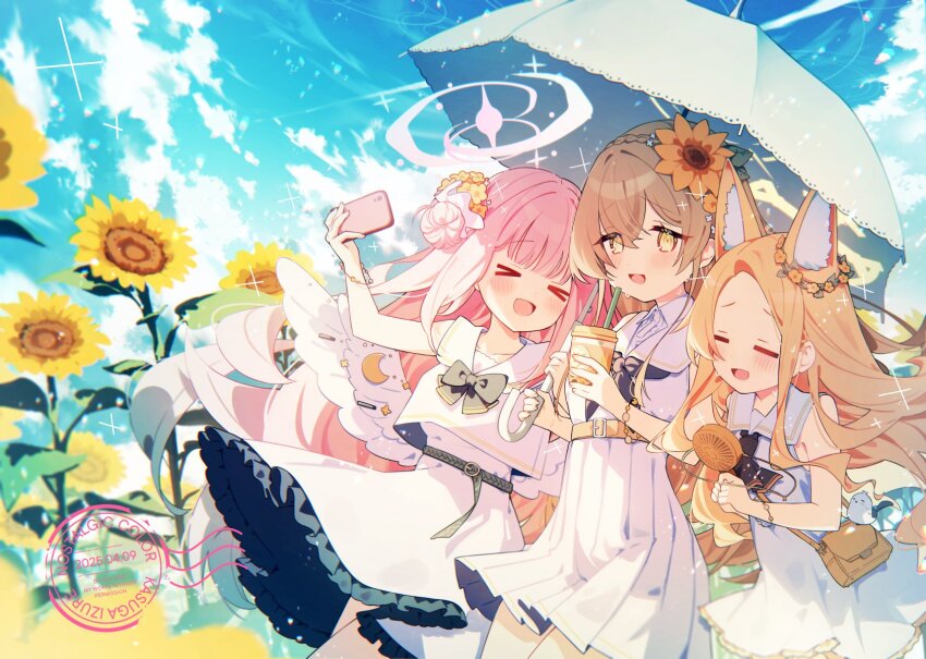 &gt;_&lt; 3girls =_= angel_wings animal_ear_fluff animal_ears bag belt black_bow black_bowtie black_neckerchief blonde_hair blue_archive blue_sky blush bow bowtie bracelet brown_belt brown_eyes brown_hair cellphone closed_eyes cloud commentary_request cowboy_shot crossed_bangs cup dated day disposable_cup dress electric_fan extra_ears fanning_self feathered_wings flower fox_ears fox_girl furrowed_brow hair_between_eyes hair_bun hair_flower hair_ornament halo hand_fan handheld_electric_fan highres holding holding_fan holding_umbrella jewelry kasuga_haruhi long_hair low_wings mika_(blue_archive) multiple_girls nagisa_(blue_archive) neckerchief open_mouth outdoors parasol phone pink_hair pink_halo pleated_skirt sailor_collar school_uniform seia_(blue_archive) shirt shoulder_bag single_side_bun skirt sky sleeveless sleeveless_dress sleeveless_shirt smartphone smile standing sunflower sweat tea_party_(blue_archive) umbrella very_long_hair white_dress white_sailor_collar white_shirt white_skirt white_wings wing_ornament wings yellow_flower yellow_halo