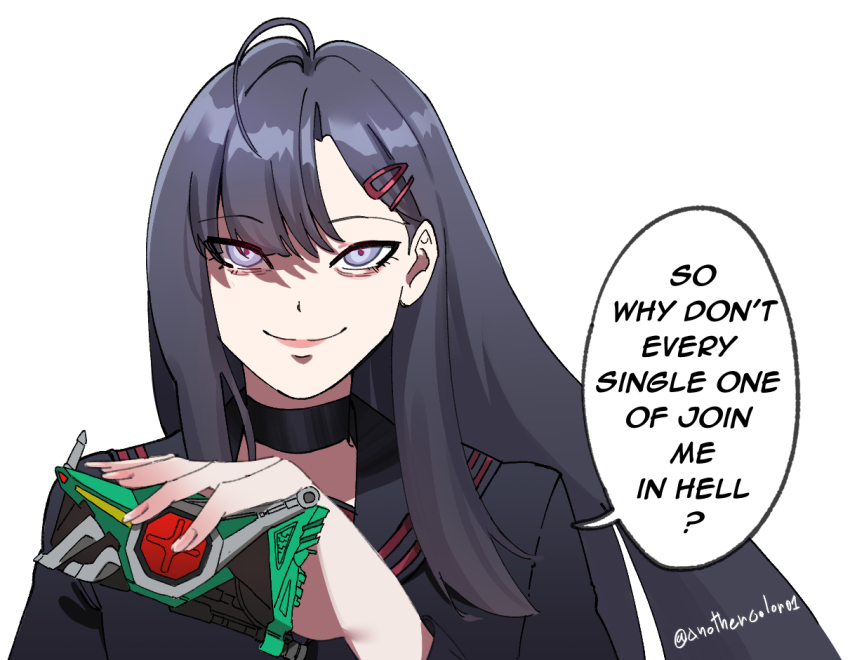 1girl ahoge black_choker black_hair black_sailor_collar black_serafuku blue_archive blunt_bangs c: changecolor choker commentary english_commentary english_text engrish_text grey_eyes henshin_pose ichika_(blue_archive) kamen_rider kamen_rider_kabuto_(series) kamen_rider_kick_hopper long_hair long_sleeves looking_at_viewer parted_bangs ranguage sailor_collar school_uniform serafuku sidelocks simple_background smile smirk solo speech_bubble upper_body white_background wind