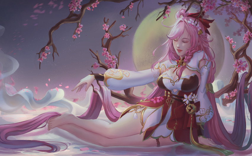 1girl absurdres barefoot bell braid branch breasts cherry_blossoms cleavage commentary dress elysia_(herrscher_of_human:_ego)_(honkai_impact) elysia_(honkai_impact) elysia_(peachy_spring)_(honkai_impact) english_commentary falling_petals feet flower full_moon hair_bell hair_flower hair_ornament highres honkai_(series) honkai_impact_3rd kokotuo large_breasts long_hair long_sleeves lying moon night night_sky official_alternate_costume on_side petals pink_hair puffy_long_sleeves puffy_sleeves red_dress shrug_(clothing) single_braid sky solo thigh_strap toes very_long_hair