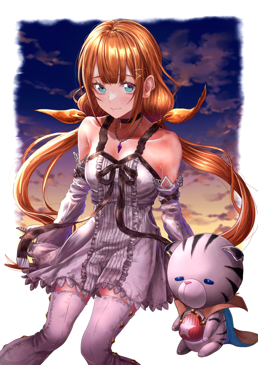 1girl absurdres animal_ears arm_belt armor armpit_crease bare_shoulders black_choker black_ribbon blue_eyes blue_sky blush boots breasts brown_cape cape center_frills chirithy choker cloud cloudy_sky creature detached_sleeves disney dress frilled_dress frills gem gradient_sky green_eyes hair_ornament hair_ribbon highres jewelry kingdom_hearts kingdom_hearts_x lace-trimmed_sleeves lace_trim long_hair looking_at_viewer low_twintails medium_breasts necklace orange_hair orange_sky outdoors purple_gemstone ribbon sakana_sakanama shiny_skin short_dress sky smile solo square_enix star_(symbol) strelitzia_(kingdom_hearts) striped_fur thigh_boots thighhighs twilight twintails white_dress white_thighhighs x_hair_ornament yellow_sky