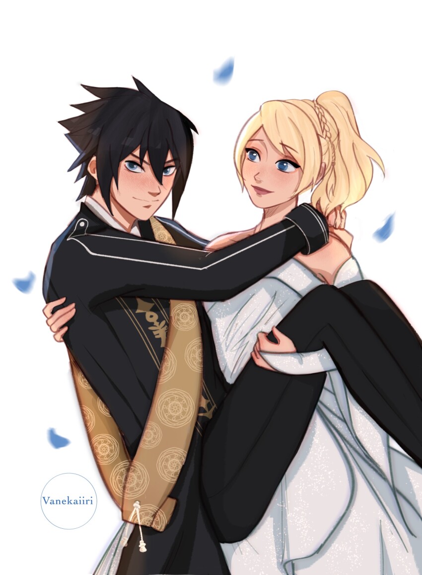 1boy 1girl absurdres arms_around_neck artist_name bare_shoulders black_hair black_jacket black_pants black_suit blonde_hair blue_eyes blush braid bridal_gauntlets carrying couple crown_braid detached_sleeves dress falling_petals final_fantasy final_fantasy_xv formal_clothes hair_between_eyes hair_slicked_back hetero highres jacket lunafreya_nox_fleuret noctis_lucis_caelum pants petals ponytail princess_carry reverse_princess_carry sash short_hair smile suit suit_jacket swept_bangs vanekairi white_background white_dress white_sleeves