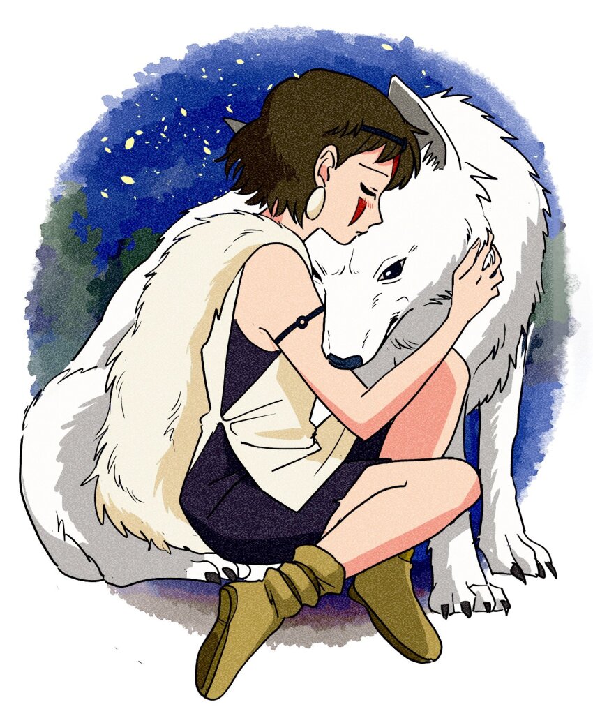 1girl animal armlet blue_dress blush cape circlet closed_eyes commentary_request dress earrings facepaint fur_cape highres hug jewelry mononoke_hime moro_no_ichizoku night night_sky profile rikaco1988 san_(mononoke_hime) short_hair sky sleeveless sleeveless_dress star_(symbol) white_cape wolf