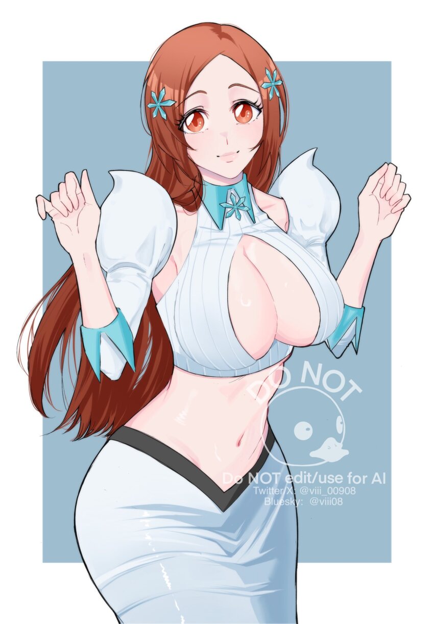 1girl bleach bleach:_sennen_kessen-hen breasts cleavage cleavage_cutout clothing_cutout detached_sleeves hair_ornament highres inoue_orihime large_breasts long_hair long_skirt orange_hair simple_background skirt standing viii_00908 water_drop