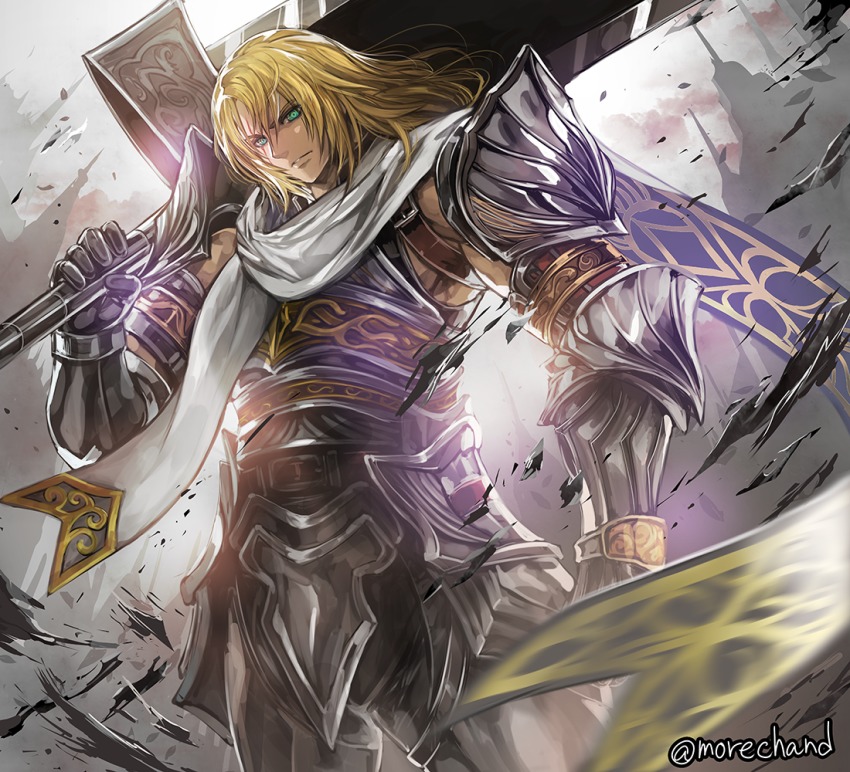 1boy armor belt blonde_hair castle crotch_plate epic faulds gauntlets gloves green_eyes holding holding_behind_back holding_sword holding_sword_behind_back holding_weapon holding_weapon_behind_back male_focus manly moreshan namco pauldrons scar scarf shoulder_armor siegfried_schtauffen solo soul_calibur sword weapon zweihander