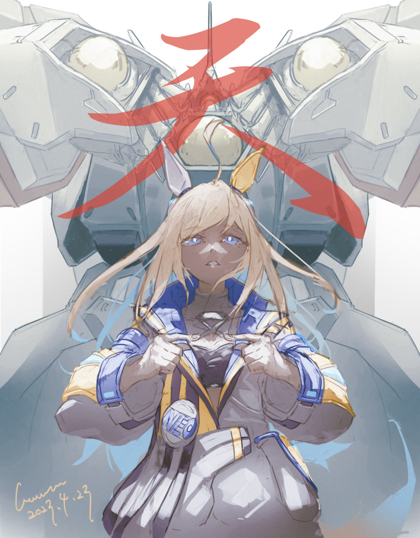 1girl absurdres ahoge animal_ears bandeau black_bandeau blonde_hair blue_eyes blue_hair bright_pupils commentary_request crossover dated ear_ornament hades_project_zeorymer hair_ornament heaven_(kanji) highres horse_ears horse_girl jacket japanese_text long_hair long_sleeves looking_at_viewer mecha multicolored_jacket neo_universe_(umamusume) robot sidelocks signature umamusume wawon_(wan_wawon) zeorymer