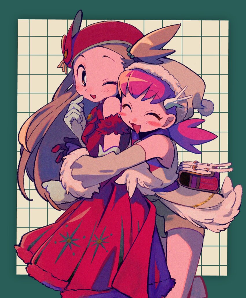 2girls :d ;d bag beret blush border bright_pupils brown_eyes closed_eyes commentary detached_sleeves dress eyelashes gloves green_border grid_background happy hat highres hug hug_from_behind jasmine_(holiday_2022)_(pokemon) jasmine_(pokemon) long_hair multiple_girls nintendo official_alternate_costume ok_ko19 one_eye_closed one_side_up open_mouth pink_hair pokemon pokemon_masters_ex red_dress red_headwear satchel shorts smile white_pupils whitney_(holiday_2022)_(pokemon) whitney_(pokemon)