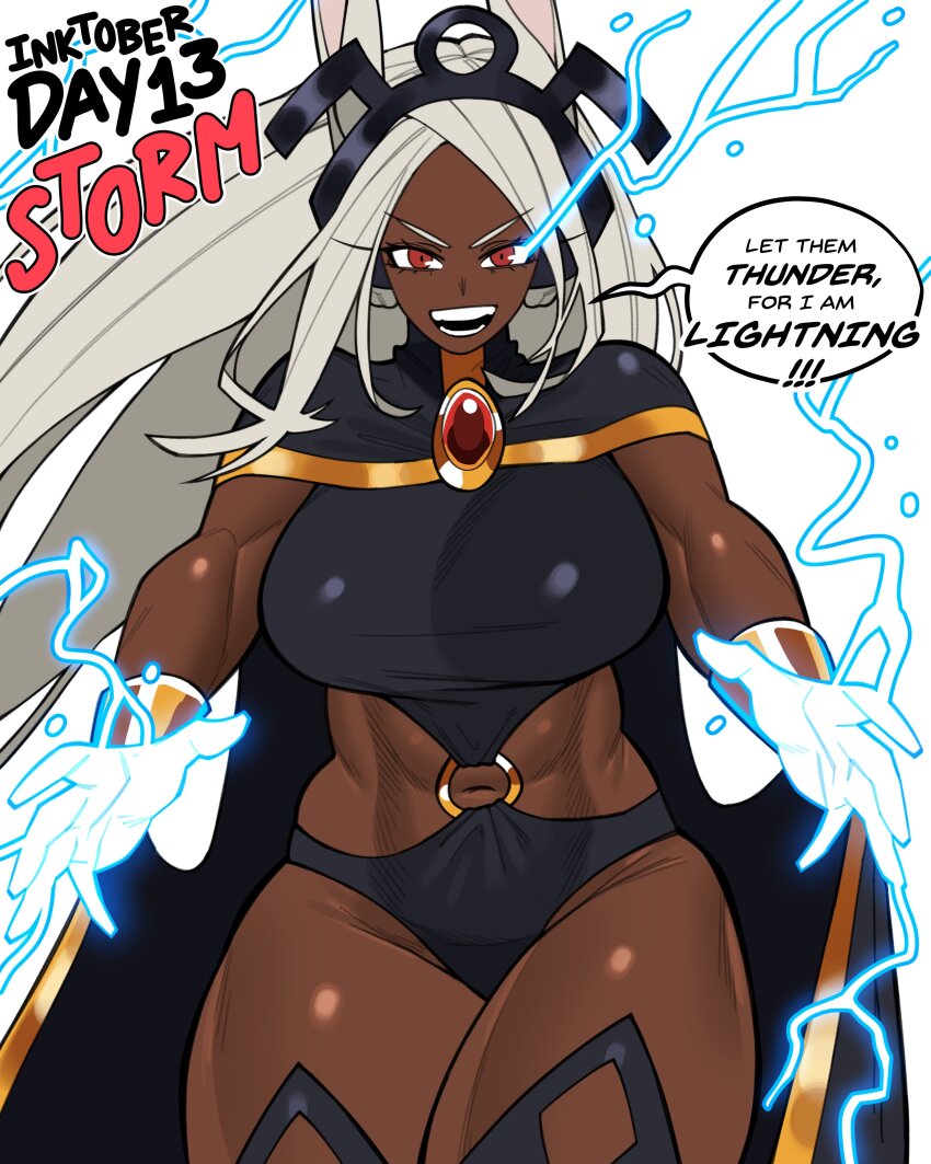1girl absurdres black_cape black_leotard boku_no_hero_academia breasts cape color_connection cosplay dark-skinned_female dark_skin english_text female_focus hair_color_connection highleg highleg_leotard highres large_breasts leotard lightning long_hair loopvoid marvel marvel_rivals mirko open_mouth rabbit_ears red_eyes smile solo speech_bubble storm_(x-men) storm_(x-men)_(cosplay) superhero_costume teeth thick_thighs thighs trait_connection white_hair x-men
