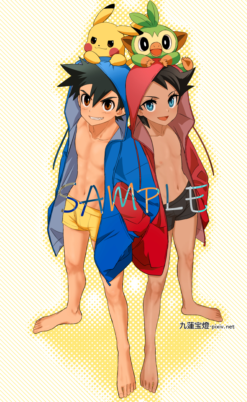 2boys :d alternate_costume ash_ketchum barefoot black_boxer_briefs black_hair black_male_underwear boxer_briefs briefs brown_eyes coat coffee-break collarbone commentary_request gen_1_pokemon gen_8_pokemon goh_(pokemon) grin grookey highres hood hood_up hooded_coat knees male_focus male_underwear multiple_boys navel nintendo on_head open_clothes open_coat open_mouth pikachu pokemon pokemon_(anime) pokemon_(creature) pokemon_journeys pokemon_on_head sample_watermark short_hair smile standing tassel teeth toes underwear watermark yellow_boxer_briefs yellow_male_underwear