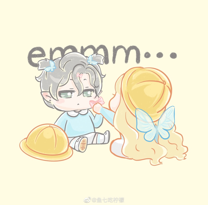1boy 1girl aged_down blonde_hair blue_shirt blue_wings blush_stickers bow brother_and_sister butterfly_hair_ornament child closed_mouth collared_shirt earrings elf eyelashes face-to-face fairy_wings from_behind frown green_eyes grey_hair hair_between_eyes hair_bow hair_ornament hair_spread_out hat highres jewelry kneehighs long_hair mercury_(shining_nikki) mini_wings nikki_(series) ophelia_(shining_nikki) pink_bow pointy_ears shining_nikki shirt shoes short_hair shorts siblings simple_background single_blush_sticker sitting sneakers socks stud_earrings two_side_up unamused unworn_hat unworn_headwear very_long_hair watermark wavy_hair weibo_watermark white_shoes white_shorts white_socks wings xiaoyu_qixing yellow_background yellow_hat