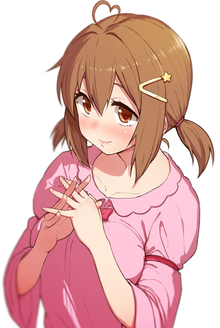 1girl ahoge bad_id bad_pixiv_id blurry blush breasts brown_eyes brown_hair depth_of_field female_focus hair_ornament hairclip heart heart_ahoge highres kurinton large_breasts nakahara-kun_no_kahogo_na_imouto nakahara_maria omaru_gyuunyuu own_hands_clasped own_hands_together short_hair short_twintails simple_background smile solo twintails white_background