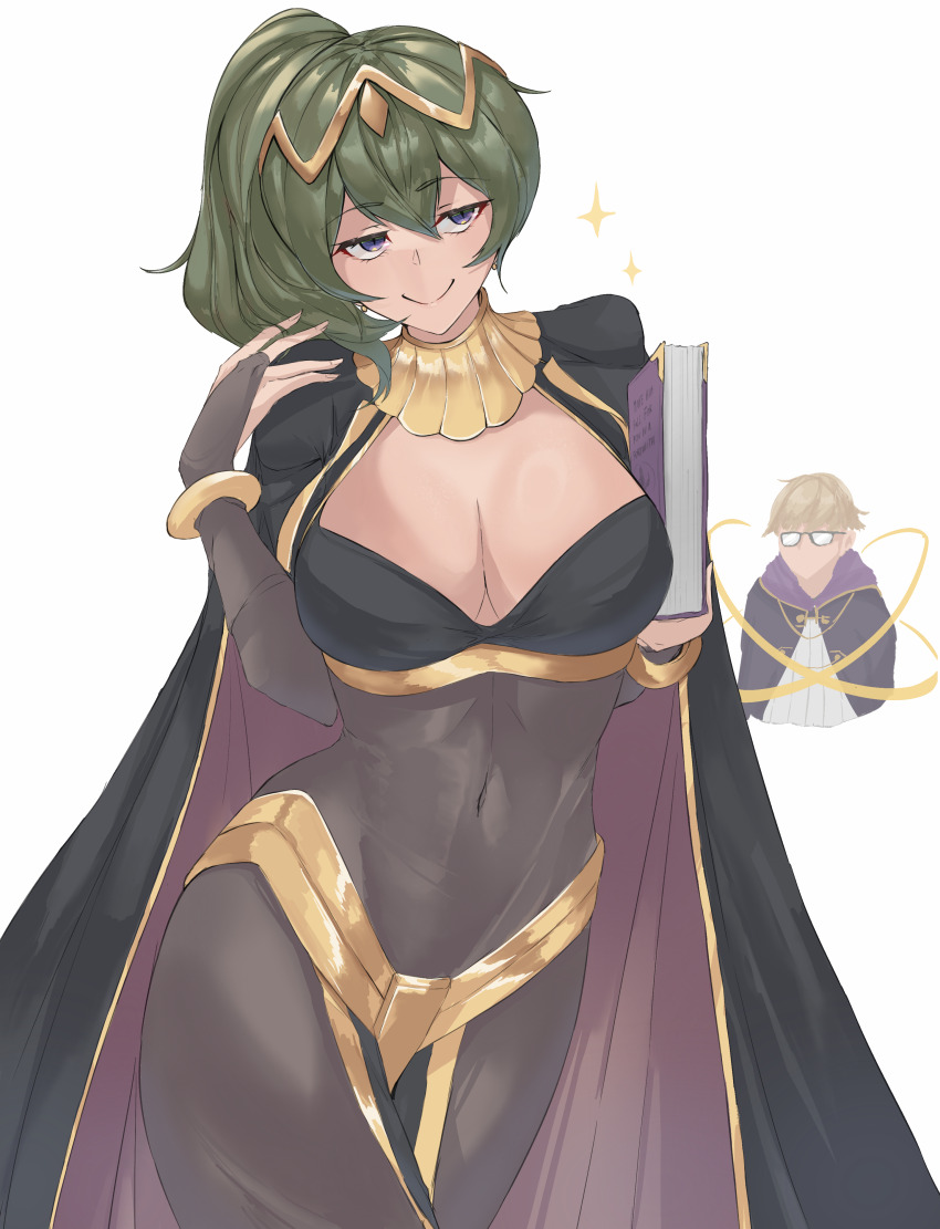 1boy 1girl absurdres between_fingers black_cape blonde_hair bodystocking book breasts bridal_gauntlets calmgreentori cape cleavage cosplay covered_navel crossed_legs earrings fire_emblem fire_emblem_awakening frieren glasses green_hair hair_between_eyes highres holding holding_book jewelry land_(sousou_no_frieren) large_breasts male_robin_(fire_emblem) male_robin_(fire_emblem)_(cosplay) nintendo no_mouth pelvic_curtain purple_eyes side_ponytail simple_background smile solo_focus sousou_no_frieren sparkle tharja_(fire_emblem) tharja_(fire_emblem)_(cosplay) ubel_(sousou_no_frieren) white_background