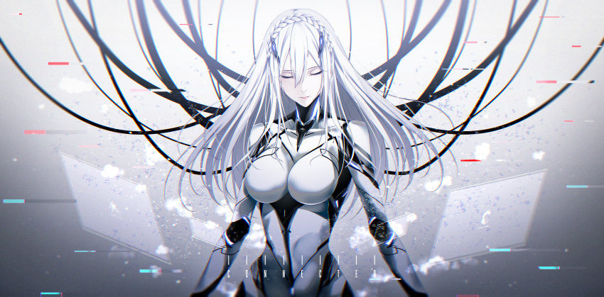 1girl absurdres android bodysuit braid breasts cable closed_eyes code:qualia commentary_request female_focus grey_hair hair_between_eyes highres large_breasts long_hair lucia_(code:qualia) solo yoaferia