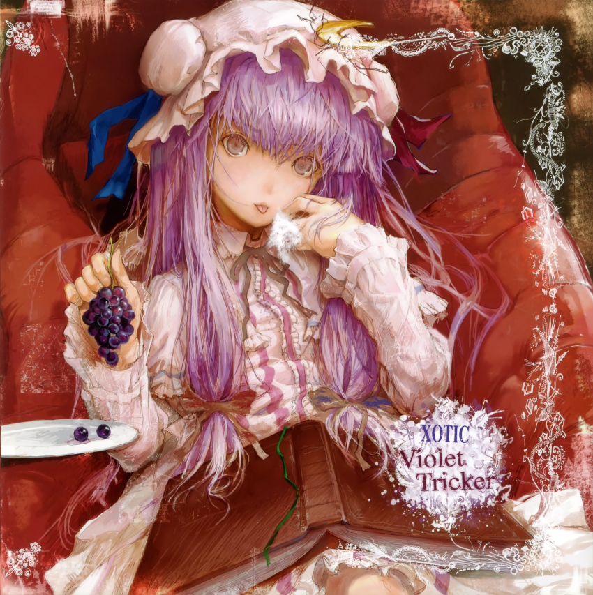 1girl :p absurdres book bookmark bow bun_cover capelet coat couch crescent crescent_hair_ornament crescent_moon double_bun dress female_focus food frills fruit fuyuno_haruaki grapes hair_bow hair_bun hair_ornament hair_ribbon hat highres holding holding_food holding_fruit long_hair long_sleeves looking_at_viewer mob_cap moon open_book open_clothes open_coat open_robe patchouli_knowledge plate purple_dress purple_hair ribbon robe sitting solo striped_clothes striped_dress tongue tongue_out touhou tress_ribbon very_long_hair