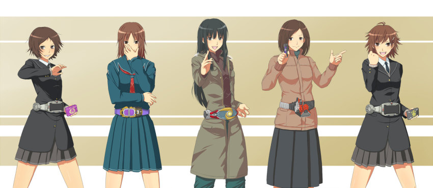 5girls amagami ayatsuji_yukari belt coat highres itou_kanae_(amagami) itou_nakae jacket kamen_rider kamen_rider_agito kamen_rider_agito_(series) kamen_rider_blade_(series) kamen_rider_gai kamen_rider_leangle kamen_rider_ohja kamen_rider_ouja kamen_rider_ryuki_(series) kamen_rider_skull kamen_rider_w kimi_kiss kurosano_noriko kurosawa_noriko makihara_mika multiple_girls parody school_uniform simple_background toki_(tokihakashi) trench_coat yamaguchi_ayumi