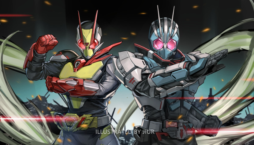 2boys antennae armor belt blue_armor bug cycloneriser debris father_and_son grasshopper henshin_pose highres insect jiuri_jiuhao kamen_rider kamen_rider:_reiwa_the_first_generation kamen_rider_01_(series) kamen_rider_type-1 kamen_rider_zero-two mask multiple_boys pink_eyes progrise_key red_eyes rider_belt tokusatsu yellow_armor zero_one_driver