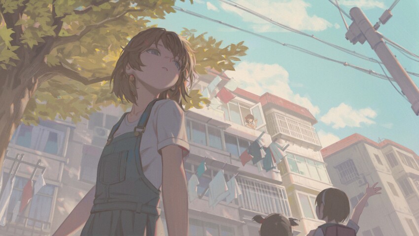 4girls absurdres arms_at_sides blue_sky brown_hair building cloud commentary_request day denim highres hyxifeng looking_to_the_side multiple_girls open_window original outdoors overalls parted_lips power_lines shirt short_hair short_sleeves sky solo_focus t-shirt tree turning_head utility_pole waving white_shirt window