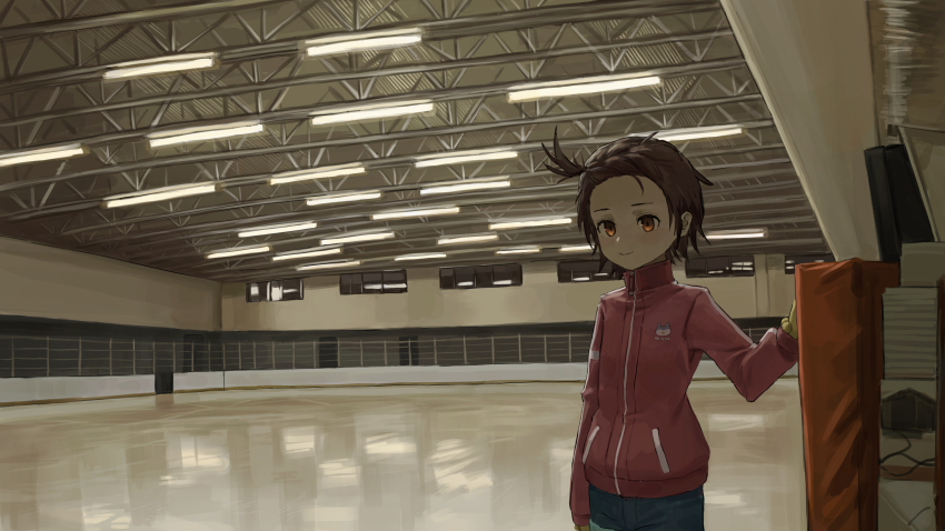 1girl absurdres an_yb braid brown_hair cowboy_shot highres jacket looking_at_viewer medalist_(manga) pink_jacket scenery skating_rink solo yuitsuka_inori