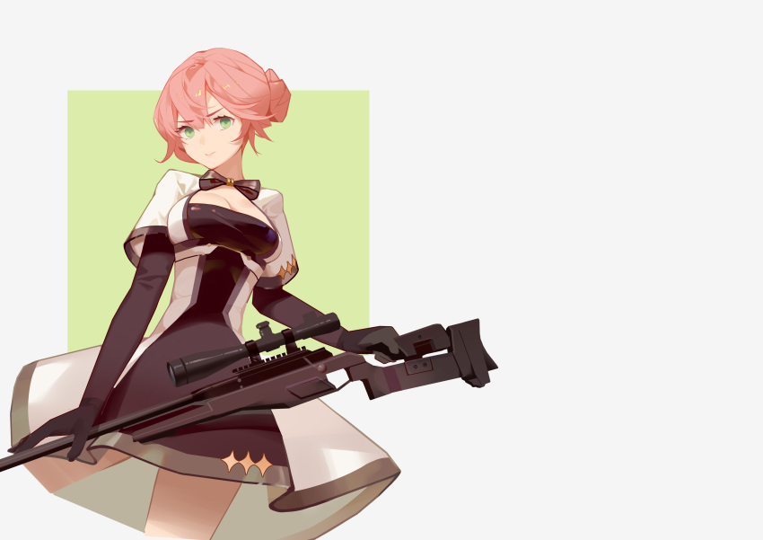 1girl absurdres black_bow black_bowtie black_dress black_gloves blaser_r93 bolt-action_rifle bolt_action bow bowtie breasts chinese_commentary cleavage closed_mouth commentary_request cowboy_shot dress elbow_gloves girls&#039;_frontline gloves green_background green_eyes grey_background gun hair_bun highres holding holding_gun holding_weapon looking_at_viewer medium_breasts mudined pink_hair prototype_design r93_(girls&#039;_frontline) rifle short_sleeves single_hair_bun smile sniper_rifle solo straight-pull_rifle straight_pull two-tone_background two-tone_dress weapon white_dress