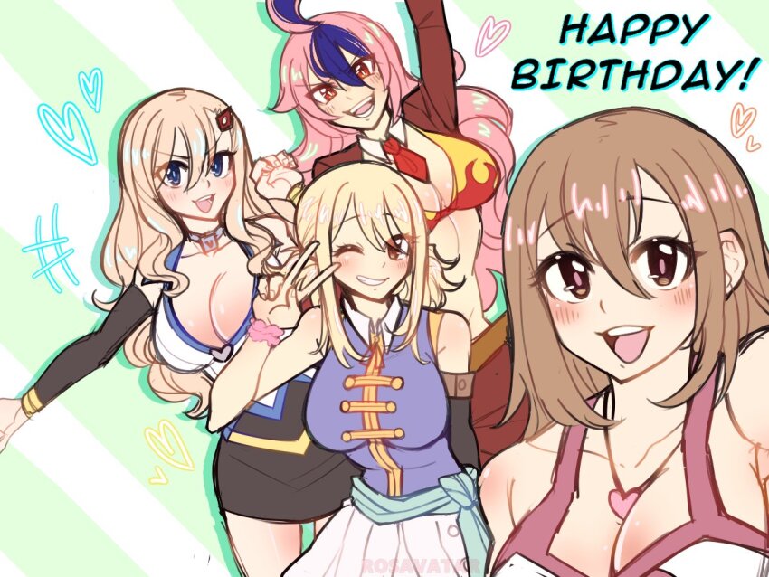 4girls bikini bikini_top_only blonde_hair blue_eyes breasts brown_hair cleavage collarbone dead_rock eden&#039;s_zero elie fairy_tail freyr_(dead_rock) jewelry large_breasts long_hair looking_at_viewer lucy_heartfilia multicolored_hair multiple_girls necklace one_eye_closed pink_hair rave_(manga) rebecca_bluegarden smile swimsuit two-tone_hair
