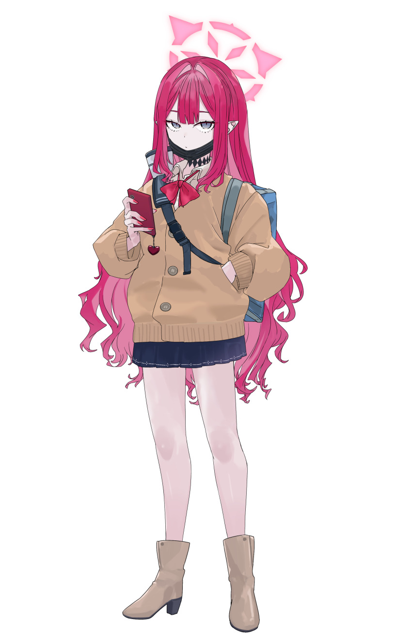 1girl absurdres backpack bag baobhan_sith_(fate) brown_sweater fate/grand_order fate_(series) grey_eyes hand_in_pocket hand_up highres holding holding_phone long_hair looking_at_viewer mask mouth_mask niwaikanai phone pink_hair pointy_ears school_uniform sidelocks solo sweater