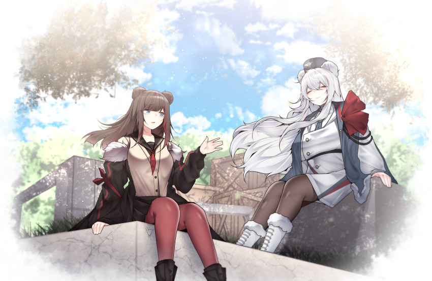 2girls ^_^ absurdres animal_ears arknights black_boots black_jacket black_sailor_collar blue_eyes blue_hat boots brown_hair brown_pantyhose buttons closed_eyes closed_mouth commentary crate dated_commentary day dress hand_up hat highres jacket knee_boots light_particles long_hair long_sleeves looking_at_another multicolored_hair multiple_girls neckerchief off_shoulder open_mouth outdoors pantyhose pink_pantyhose red_hair red_neckerchief rosa_(arknights) sailor_collar samip shirt sitting smile streaked_hair white_boots white_dress white_hair wind yellow_shirt zima_(arknights)