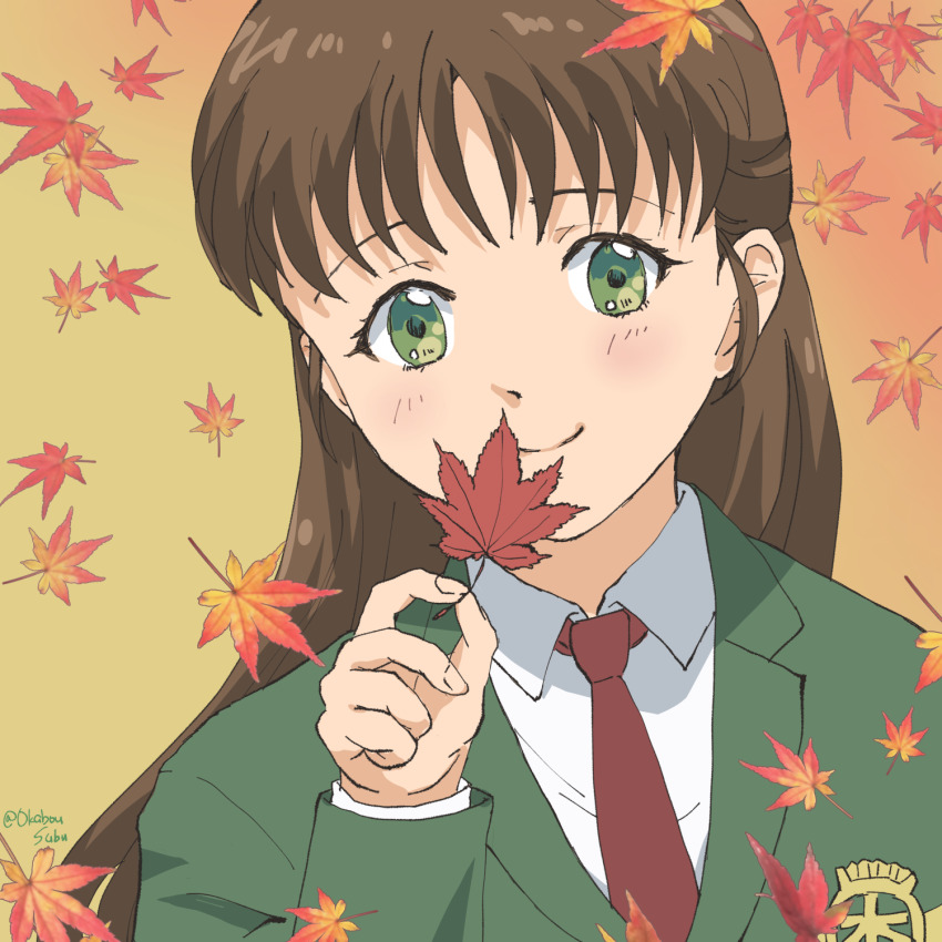 1girl blazer blue_seed brown_hair fujimiya_momiji green_eyes highres jacket long_hair name_connection necktie okabou school_uniform smile solo upper_body