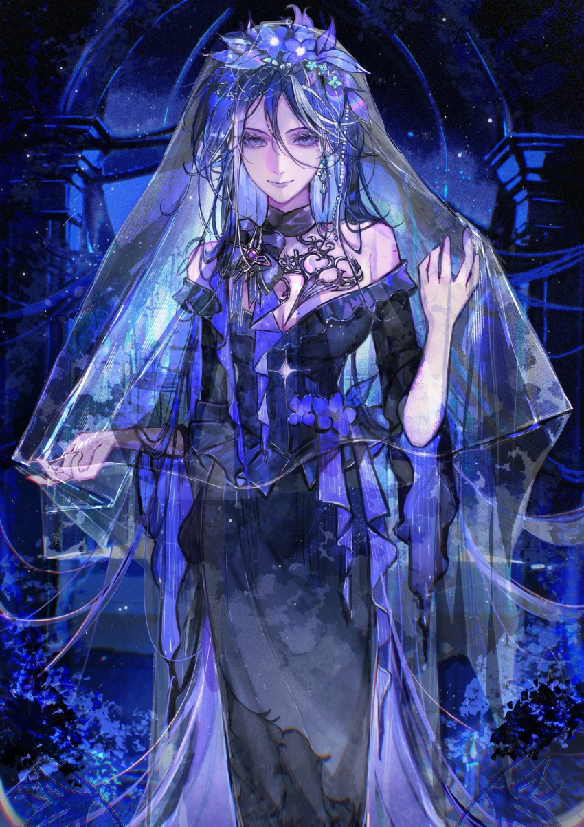 1girl absurdres adapted_costume adela_(path_to_nowhere) bare_shoulders black_dress blue_eyes blue_flower blue_hair blue_theme breasts chinese_commentary cleavage commentary cowboy_shot dress flower frilled_dress frills hair_between_eyes hair_flower hair_ornament highres hobble_dress large_breasts long_dress long_hair looking_at_viewer mole mole_on_breast moyu_(m_muo) multicolored_hair official_alternate_costume path_to_nowhere pillar see-through_clothes see-through_veil smile solo straight-on strapless strapless_dress streaked_hair veil very_long_hair