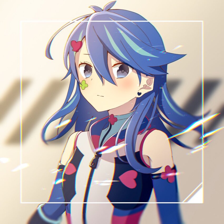 1girl alternate_form antenna_hair atltax_00 bare_shoulders blue_arm_warmers blue_eyes blue_girl blue_gloves blue_hair blue_shirt blue_trim blush bodysuit breasts brown_background cowboy_shot earrings elbow_gloves facial_tattoo facing_to_the_side full-length_zipper gloves heart heart_earrings highres jacket jewelry looking_at_viewer medium_hair parted_bangs pink_trim shirt sleeveless sleeveless_bodysuit sleeveless_shirt small_breasts sweater tattoo white_bodysuit white_jacket white_sweater wind yu-gi-oh! yu-gi-oh!_vrains zaizen_aoi zipper zipper_pull_tab
