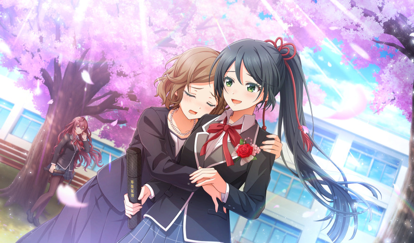 3girls black_footwear black_hair black_jacket black_skirt blurry brown_hair brown_pantyhose cherry_blossoms cinderella_series closed_eyes collared_shirt depth_of_field diploma dutch_angle falling_petals game_cg graduation green_eyes grey_skirt hachigatsu_no_cinderella_nine hair_between_eyes hair_ribbon hand_in_own_hair high_ponytail highres holding holding_diploma honjo_chikage jacket kakehashi_momoko light_rays loafers long_hair long_sleeves looking_at_another multiple_girls neck_ribbon non-web_source official_art open_mouth outdoors pantyhose petals pink_petals plaid_clothes plaid_skirt pleated_skirt ponytail purple_eyes purple_hair red_ribbon ribbon satogahama_school_uniform school school_uniform shirt shoes short_hair skirt spring_(season) standing sunbeam sunlight tears tsukahara_shizuku u_u very_long_hair wavy_hair white_shirt winter_uniform