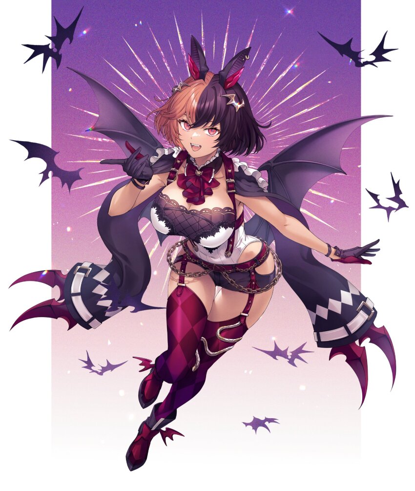 1girl animal_ears bat_(animal) bat_girl bat_wings black_gloves black_hair boots breasts cleavage commission e_(eokiba) garter_straps gloves hex_juice highres indie_virtual_youtuber large_breasts leaning_forward looking_at_viewer medium_hair multicolored_hair open_mouth pink_eyes pink_hair red_thighhighs short_shorts shorts skeb_commission smile solo split-color_hair thighhighs virtual_youtuber wings