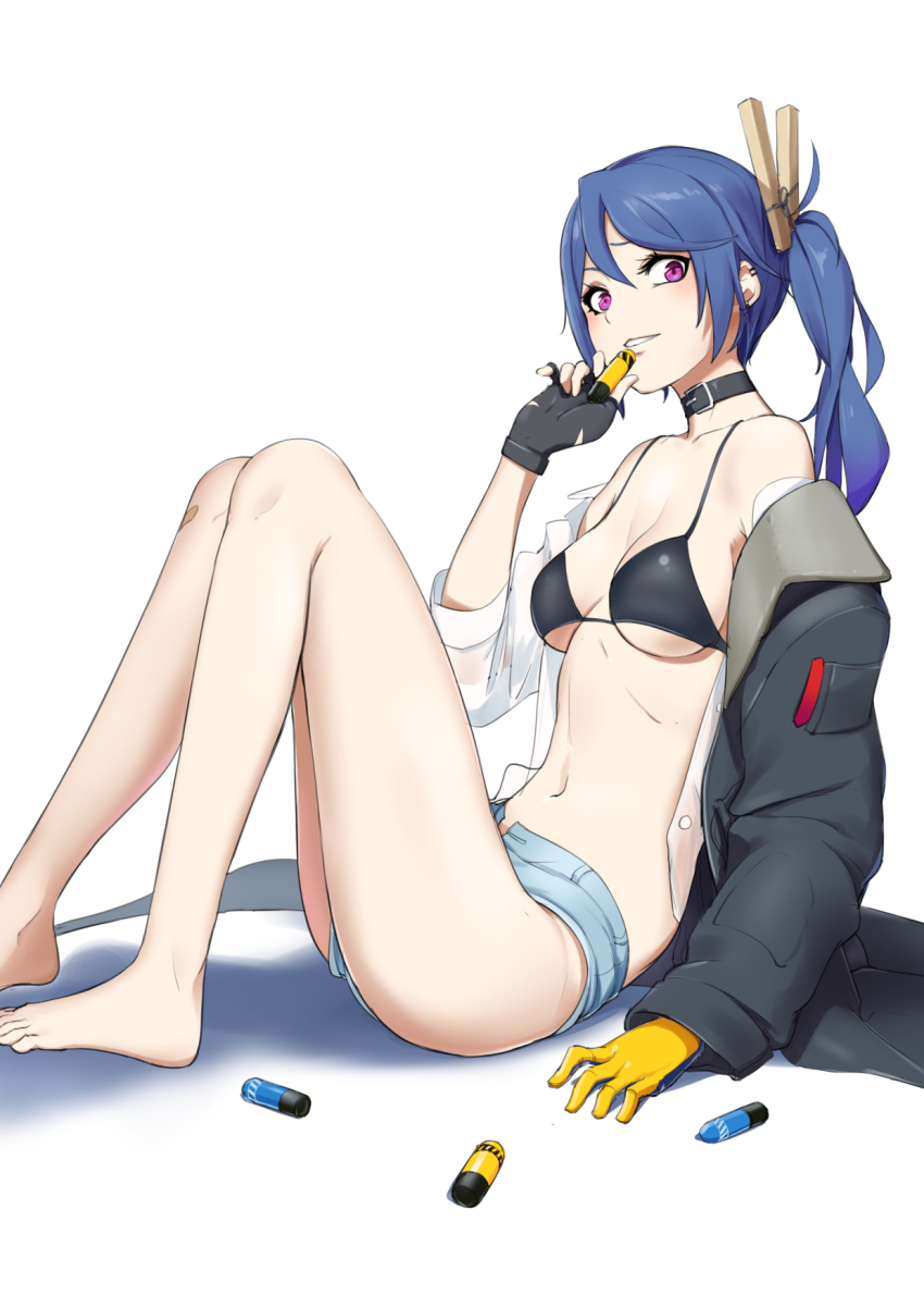1girl 20x30mm_lv 20x30mm_lv_heab_k167 20x30mm_lv_p_k168 airburst_round ammunition anti-materiel_cartridge asymmetrical_gloves barefoot bikini bikini_top_only black_bikini blue_hair breasts cannon_cartridge choker coat collared_shirt commentary denim denim_shorts ear_piercing explosive fragmentation_grenade fragmentation_warhead girls&#039;_frontline gloves gradient_hair grenade grenade_cartridge hair_between_eyes hair_ornament high-explosive_airburst_round high-explosive_cartridge highres holding k11_(girls&#039;_frontline) long_sleeves looking_at_viewer medium_breasts military_cartridge mismatched_gloves multicolored_hair navel open_clothes open_coat open_fly open_shirt piercing practice_round precision-guided_munition purple_eyes sanderson shirt shorts side_ponytail sitting smart_grenade solo subsonic_ammunition swimsuit white_background white_shirt