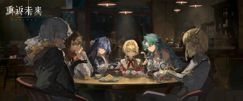 1boy 5girls apron bare_shoulders black_dress black_gloves black_jacket blonde_hair blue_eyes blue_hair braid braided_bangs brown_hair cake chair cloak coat colored_inner_hair copyright_name cup ding_(vessel) dress drinking_glass elbow_on_table elbow_rest food gloves grey_coat grey_pants hair_ornament han_zhang_(reverse:1999) hand_on_own_cheek hand_on_own_face hand_up hanging_light head_rest highres hissabeth holding holding_cup indoors jacket kiperina logo long_hair looking_at_animal looking_at_another looking_down multicolored_hair multiple_girls name_day_(reverse:1999) neckerchief newt official_art pants plate pointer_(reverse:1999) pointing profile purple_eyes red_cloak red_neckerchief restaurant reverse:1999 round_table salamander scarf school_uniform short_hair silver_dress sitting snake snake_on_head soviet_school_uniform star_(symbol) star_hair_ornament sweater table teacup upper_body very_long_hair voyager_(reverse:1999) wavy_hair white_apron white_coat white_hair white_jacket white_sweater window windsong_(reverse:1999) yellow_scarf