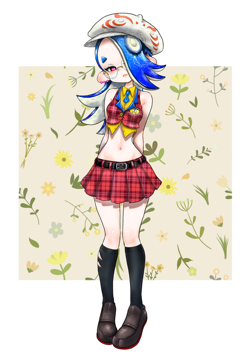 1girl adapted_costume arms_behind_back bare_shoulders belt black_belt blue_hair blue_necktie breasts brown_shoes cephalopod_eyes clothing_cutout collared_shirt colored_inner_hair colored_shoe_soles cropped_shirt cropped_vest dress_shirt earrings flat_cap floral_background full_body glasses groin hair_over_one_eye hat head_tilt heart heart_earrings highres jewelry kneehighs koharu2.5 loafers long_hair miniskirt multicolored_hair multiple_earrings narrow_waist navel necktie nintendo octoling pink_pupils plaid_clothes plaid_skirt plaid_vest pleated_skirt polka_dot polka_dot_hair red_eyes red_skirt rimless_eyewear round_eyewear shirt shiver_(splatoon) shoes short_necktie skirt sleeveless sleeveless_shirt small_breasts socks solo splatoon_(series) tentacle_hair thick_eyebrows unmoving_pattern vest white_background yellow_shirt