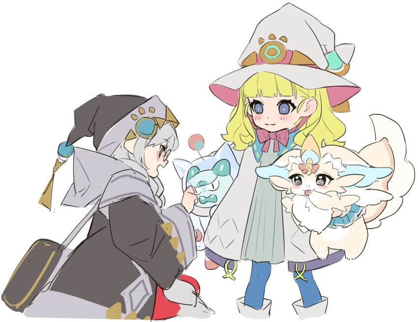 2girls animal astellar_of_the_white_forest bag blonde_hair blue_eyes blue_pantyhose blush creature diabellstar_the_black_witch diabellze_the_original_sinkeeper duel_monster elzette_of_the_white_forest hat highres jacket large_ears monocle multiple_girls pantyhose purrely red_cucumber red_pantyhose sitting standing tail white_background white_hair witch_hat yu-gi-oh! yummy_snatchy