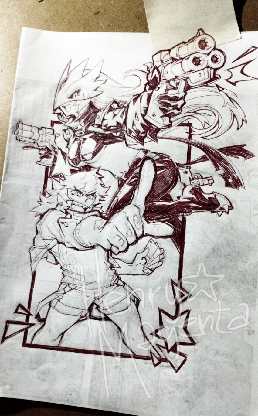 1boy 1girl ankle_gun beelstarmon breasts coat copyright_request cowboy_shot crop_top digimon digimon_(creature) dual_wielding eye_mask fang finger_on_trigger gun henrymagenta highres holding holding_gun holding_weapon long_hair medium_breasts midriff open_clothes open_coat open_mouth photo_(medium) pointing sharp_teeth teeth third_eye traditional_media trigger_discipline underboob very_long_hair weapon