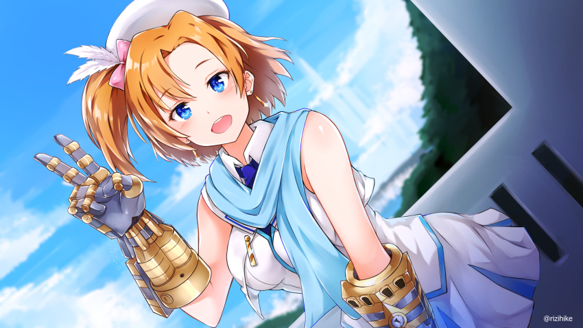 1girl beret blue_eyes blue_scarf blue_sky blush bow breasts crossover dutch_angle earrings female_focus gauntlets hair_bow hair_flip hat highres jewelry kosaka_honoka league_of_legends looking_at_viewer love_live! love_live!_school_idol_project medium_breasts one_side_up open_mouth orange_hair pink_bow rizihike scarf school_uniform skirt sky sleeveless smile solo v vi_(league_of_legends) white_skirt