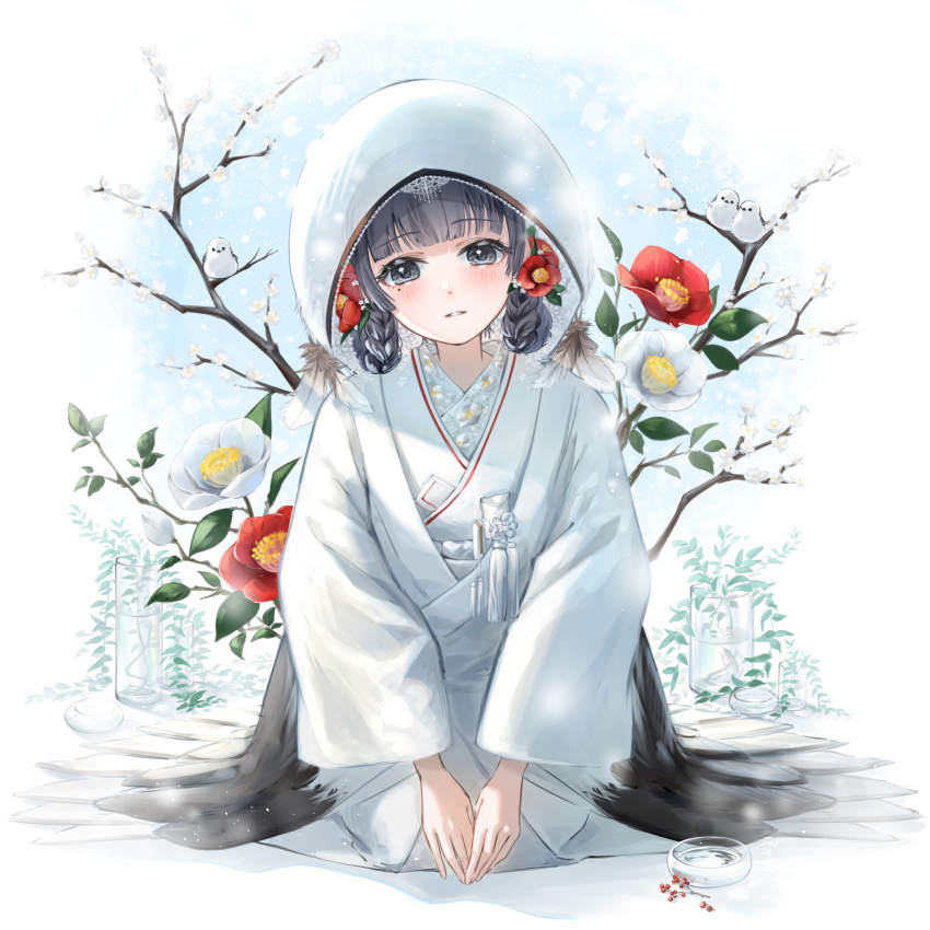 1girl absurdres bird black_eyes black_hair blunt_bangs blush braid braided_hair_rings branch commentary_request flower glass_container hair_flower hair_ornament hair_rings highres japanese_clothes kimono leaf long-tailed_tit looking_at_viewer mole mole_under_eye nagisa_(pan_to_honey) original own_hands_together parted_lips red_flower seiza shiromuku sitting solo tit_(bird) uchikake wataboushi white_flower white_kimono wide_sleeves