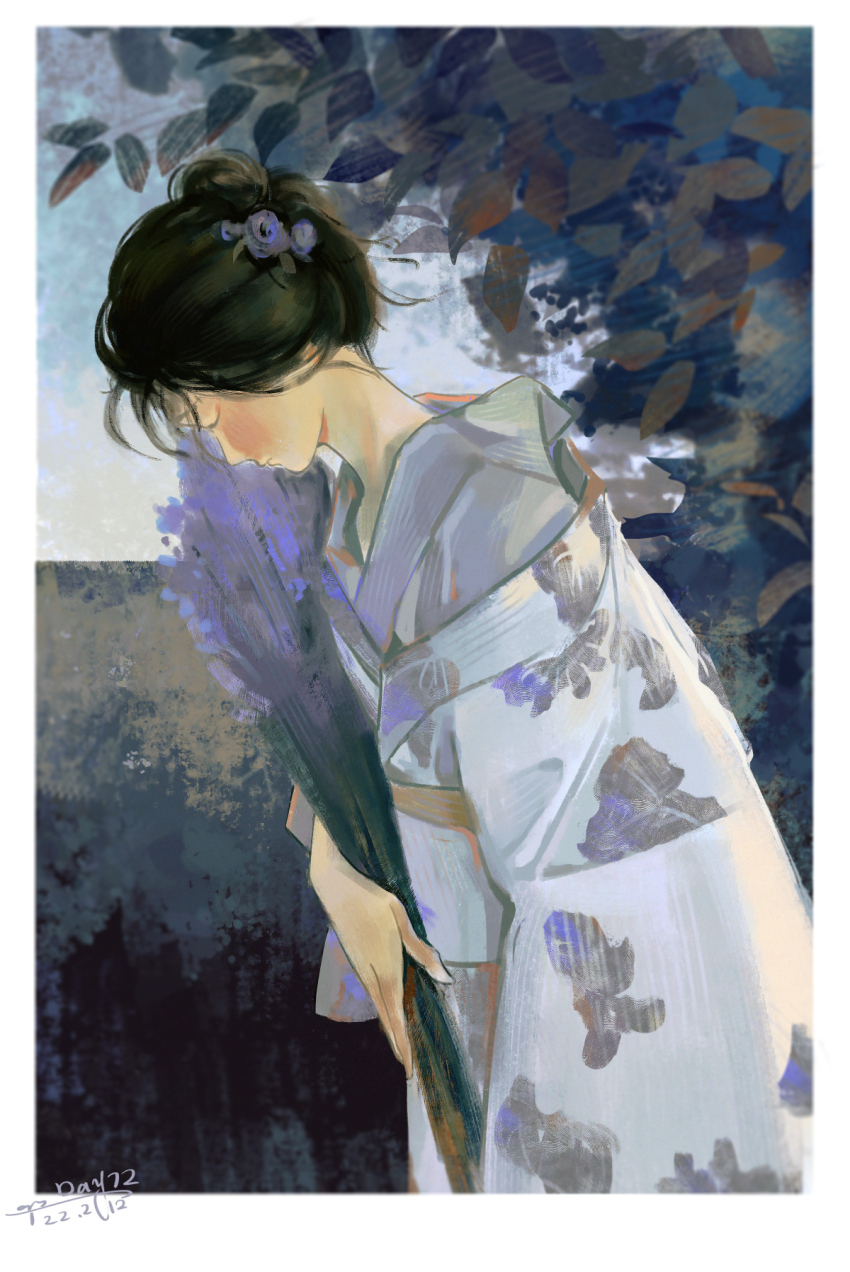 1girl black_hair blue_sky border bouquet chinese_commentary closed_eyes closed_mouth commentary_request cowboy_shot dated day expressionless floral_print flower hair_bun hair_flower hair_ornament highres holding holding_bouquet japanese_clothes kimono lavender_(flower) long_sleeves obi one-hour_drawing_challenge original outdoors purple_flower sanshui_guantang sash short_hair signature single_hair_bun sky solo tree white_border white_kimono white_sash wide_sleeves yukata