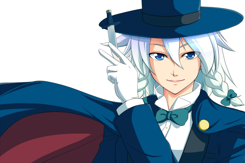1girl bishoujo_senshi_sailor_moon black_vest blue_cape blue_eyes blue_hat blue_jacket bow bowtie braid cape chiba_mamoru chiba_mamoru_(cosplay) closed_mouth commentary_request cosplay gloves green_bow green_bowtie grey_hair hair_between_eyes hair_bow harukana_(pixiv) hat holding holding_knife izayoi_sakuya jacket knife long_bangs looking_at_viewer popped_collar red_cape shirt short_hair side_braids simple_background smile solo top_hat touhou tuxedo_kamen tuxedo_kamen_(cosplay) twin_braids two-sided_cape two-sided_fabric upper_body vest white_background white_gloves white_shirt