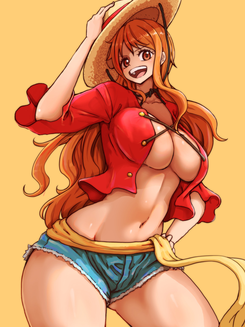 1girl breasts brown_eyes cleavage cosplay cowboy_shot cutterhappa denim denim_shorts hat highres huge_breasts large_breasts long_hair monkey_d._luffy monkey_d._luffy_(cosplay) nami_(one_piece) navel one_piece open_mouth orange_hair sash shorts straw_hat tagme yellow_background yellow_sash