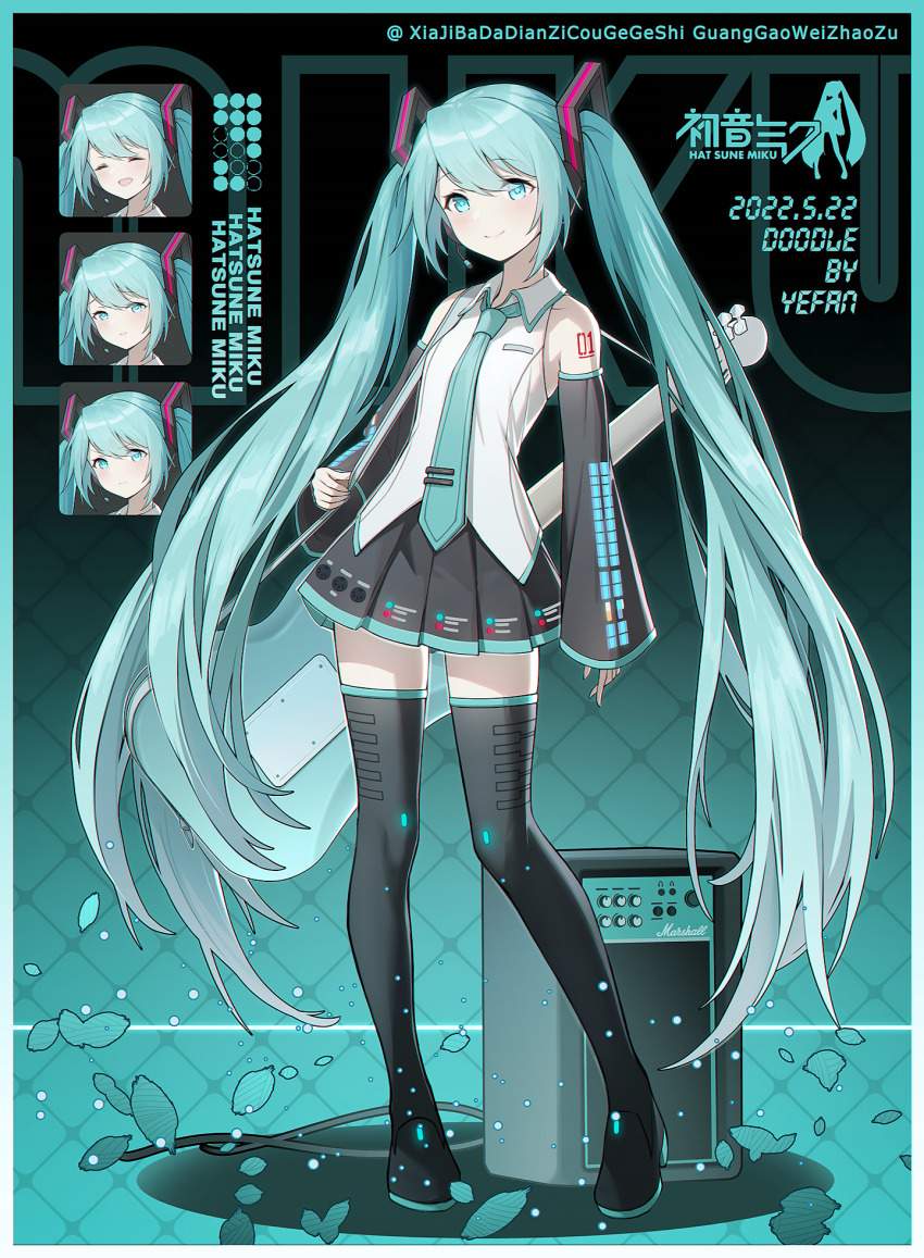 1girl aqua_eyes aqua_hair aqua_nails aqua_necktie arm_tattoo artist_name black_thighhighs boots border character_name closed_eyes closed_mouth commentary_request dated detached_sleeves multiple_expressions flat_chest full_body gradient_border green_border grey_shirt grid_background guitar hatsune_miku headphones headset highres instrument long_hair looking_at_viewer nail_polish necktie open_mouth pleated_skirt segment_display shirt shoulder_strap signature skirt smile solo standing tattoo thigh_boots thighhighs tie_clip grid_background twintails very_long_hair vocaloid white_border yefan