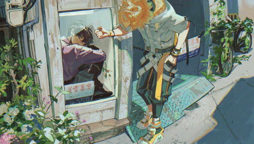 2boys bicycle black_hair black_pants closed_mouth fetal_position flower highres male_focus multiple_boys nijisanji orange_hair orange_shoes pants pink_flower saiki_ittetsu shirt shoes short_hair smile tommgs1201 translation_request usami_rito virtual_youtuber white_shirt