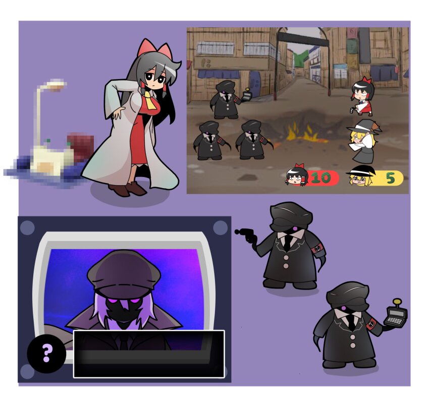 3others 4girls ascot black_eyes black_hair black_hat black_necktie border bow breasts broken_heart_print broom brown_footwear censored coat commentary_request cookie_(touhou) eyes_in_shadow fake_screenshot fire full_body geru_futota gogogo_(cookie) gun hair_between_eyes hakurei_reimu hat highres holding holding_broom holding_gun holding_weapon kirisame_marisa lab_coat large_breasts leaning_forward long_bangs long_hair looking_at_viewer madore mario_&amp;_luigi:_bowser&#039;s_inside_story mario_&amp;_luigi_rpg mario_(series) mosaic_censoring multiple_girls multiple_others necktie nintendo open_clothes open_coat outdoors peaked_cap purple_hair red_bow remilia_scarlet shinonome_(cookie) short_hair standing television togashi_(cookie) touhou town weapon white_border white_coat witch_hat yellow_ascot