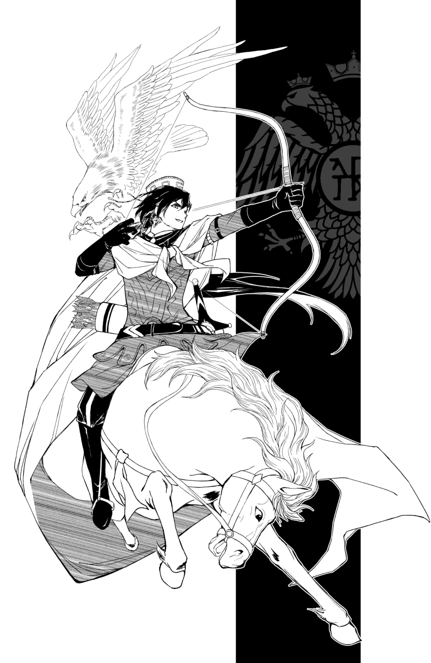 1boy archery arm_strap arrow_(projectile) belt bird black_hair bow_(weapon) byzantine_empire cape constantine_xi_(fate) crown eagle earrings fate/grand_order fate_(series) greyscale highres horse horseback_riding hunting jewelry miyuyoko monochrome quiver riding sitting sword weapon