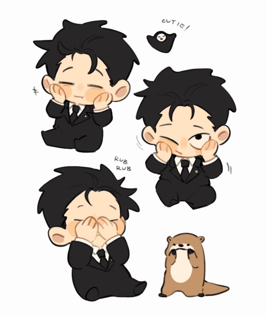1boy animal black_eyes black_hair black_jacket black_necktie black_pants black_suit chibi closed_eyes closed_mouth commentary covering_face formal_clothes hands_on_own_face highres higuruma_hiromi jacket jujutsu_kaisen long_sleeves looking_at_viewer male_focus multiple_views necktie nnaramonn one_eye_closed otter pants short_hair simple_background sitting suit symbol-only_commentary white_background
