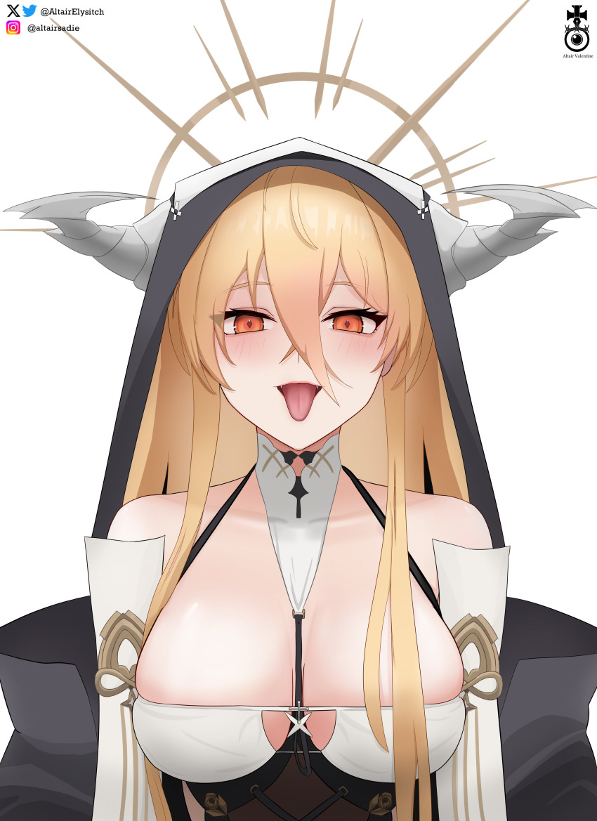 1girl absurdres artist_name azur_lane bare_shoulders blackwellkarsferatu blonde_hair breasts fake_horns fangs highres horns implacable_(azur_lane) large_breasts long_bangs looking_at_viewer nun open_mouth orange_eyes simple_background solo tongue tongue_out upper_body white_background